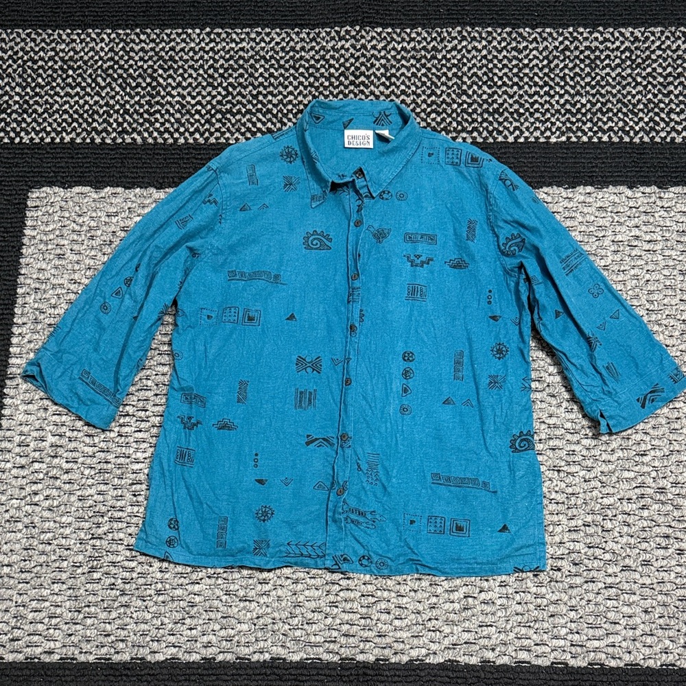 Chico’s Printed Button Front Shirt Women’s L/XL Sz 3 Relaxed Fit Lightweight